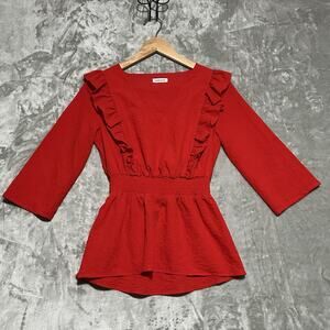 Cache‎ Cache Romantic Smocked Waist Ruffle Peplum Top Womens Size S Red feminine